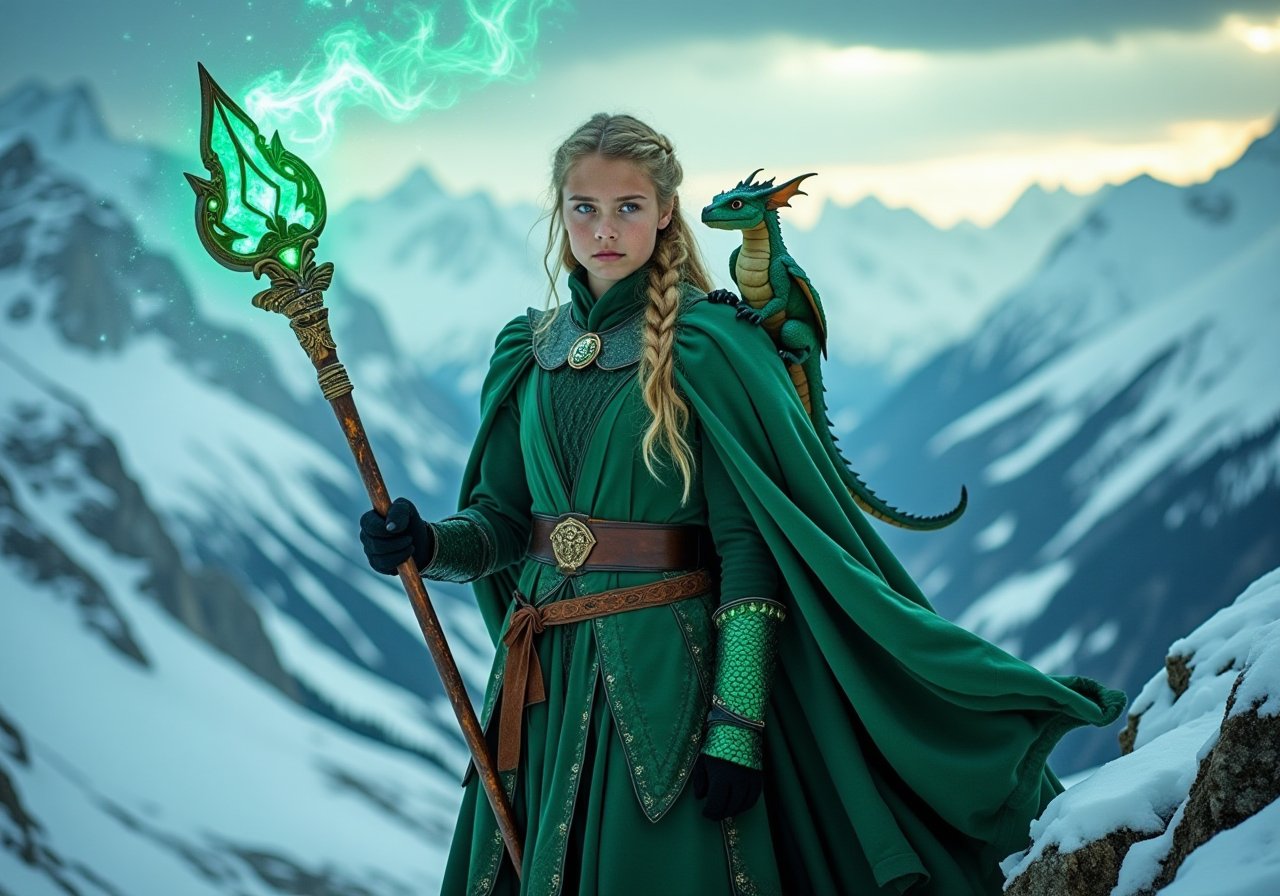 In a realm where magic weaves through the air like whispers, a 19-year-old girl named thomasinara stands atop the snowy mountain peak, With her enchanted staff, she conjures spells that shimmer with ethereal light. Perched on her shoulder is her loyal companion, a child dragon named Drogon, whose scales glisten like emeralds. Together, they navigate the mystical landscapes, their bond unbreakable. In this fantastical world, she is both warrior and protector, a symbol of courage and magic intertwined.polishswordsman