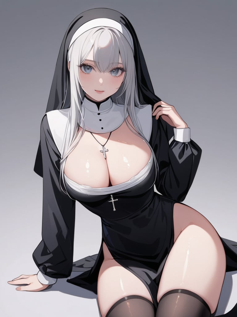 masterpiece,ultra-detailed,best quality,8K,illustration,cute face,clean skin ,shiny hair,girl,ultra-detailed-eyes,simple background, <lora:add-detail-xl:1> <lora:nun_XL_V1.0:0.8> nun, black dress,cleavage, thighhighs, cross necklace