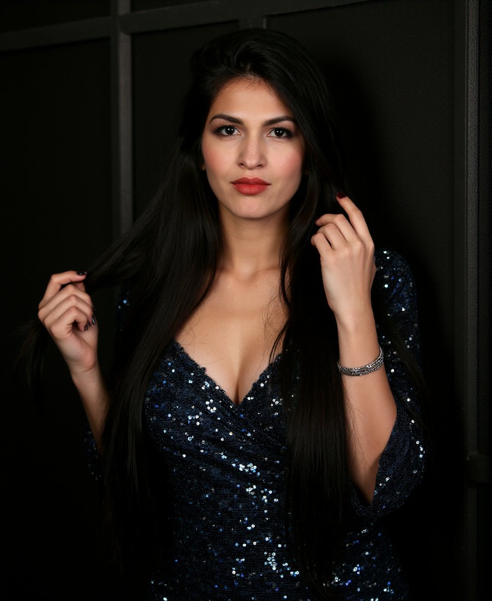 This is a high-resolution photograph of a young woman posing against a dark, textured background with a subtle grid pattern. She has long, straight dark brown hair that cascades down her shoulders, with one hand gently touching it. Her makeup is striking, with bold, dark red lipstick that contrasts sharply with her light skin tone. She has well-defined eyebrows and dark eyeliner, enhancing her eyes. She is wearing a shimmering, sequined dress in shades of blue and silver, which catches the light and adds a luxurious texture to her attire. The dress has a fitted bodice with long sleeves, and the sequins create a reflective, almost iridescent quality. Her left wrist is adorned with a delicate silver bracelet, adding a touch of elegance to her appearance. The lighting in the photograph is soft but focused, highlighting the details of her makeup and dress while casting subtle shadows that enhance the three-dimensional effect of her figure. The overall mood of the photograph is glamorous and sophisticated, with a strong emphasis on the subject's striking appearance and the rich textures of her clothing and surroundings... <lora:Elodie_Yung_Flux_V1:0.96>