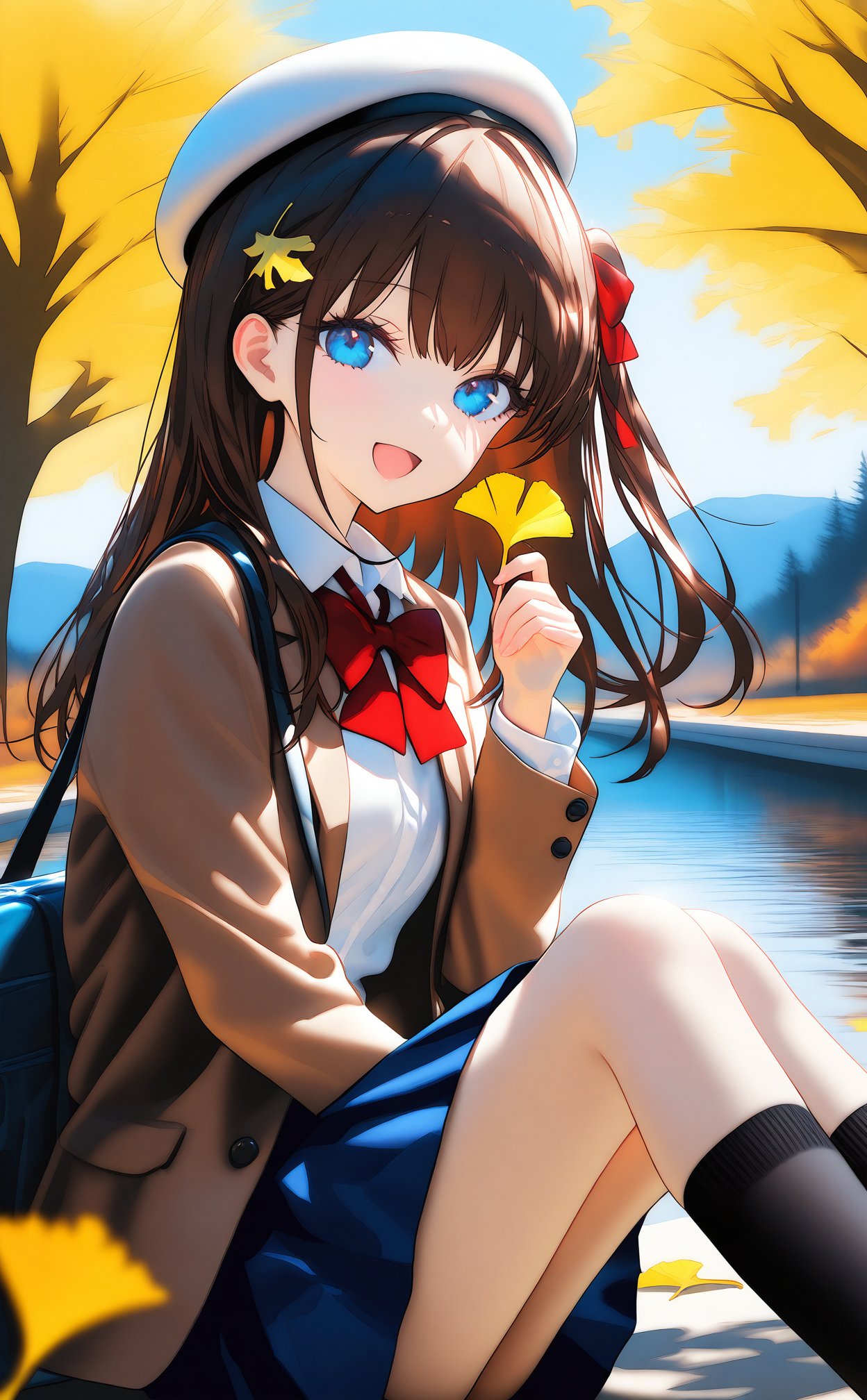 (masterpiece),(best quality),illustration,ultra detailed,hdr,Depth of field,(colorful),1girl,solo,skirt,outdoors,long hair,shirt,jacket,brown hair,looking at viewer,bag,sitting,socks,hat,pleated skirt,holding,bow,smile,tree,open mouth,white shirt,school uniform,blue skirt,school bag,black socks,bowtie,autumn,leaf,long sleeves,beret,hair ornament,holding leaf,red bow,collared shirt,kneehighs,open clothes,off shoulder,day,autumn leaves,white headwear,open jacket,blazer,:d,blue eyes,brown jacket,red bowtie,ginkgo leaf,knees up,one side up,water,from side,hand up,dress shirt,bag charm,charm (object),