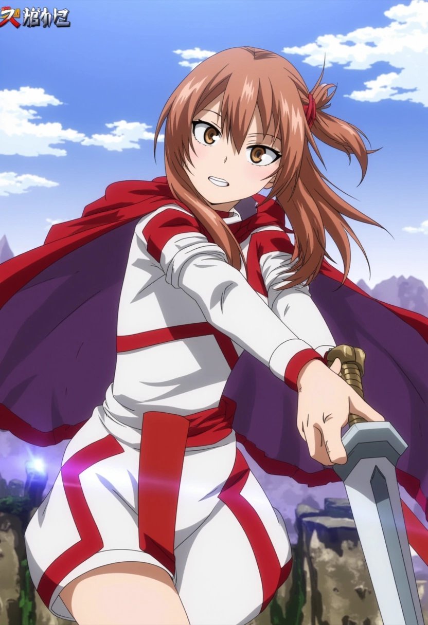 Asuna Yuuki from Sword Art Online, a young woman with long, chestnut brown hair and amber eyes. She wears a white and red knight-like outfit with a flowing cape and wields a slender rapier. Her expression is focused and determined as she strikes with precision in the middle of a fantasy battlefield, surrounded by digital effects. boku_no_hero_academia_style