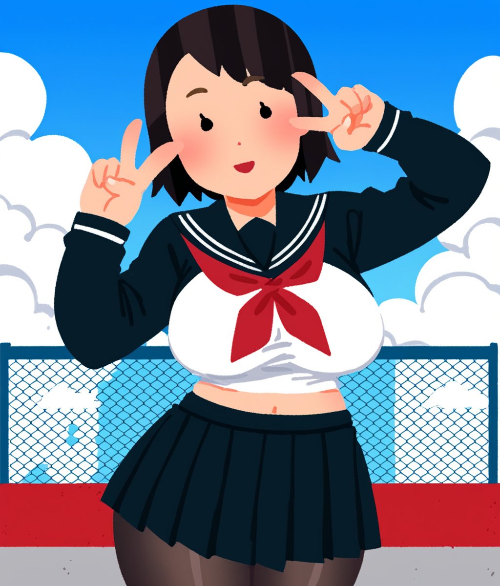 Score_9,score_8_up,score_7_up,1girl,solo,big breasts,cleavage,thick thighs,wide hips,curvy,looking at viewer,black serafuku,red_neckerchief,pleated skirt,black pantyhose,black eyes,short hair,blush,v,school roof,blue sky and white clouds,chain-link fence,emoji,stick figure,cartoonized,2d illustration,uncensored,<lora:Style_Irasutoya:1.2>,