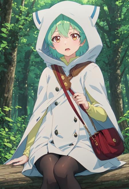 best quality, masterpiece, highres, solo, (ivy_saijakutamerwagomihiroinotabiwohajimemashita:1.10), 1girl, long sleeves, outdoors, white cloak, yellow eyes, shoulder bag, hood up, open mouth, tree, forest, looking at viewer, pantyhose, day, anime_style, 4 <lora:ivy_saijakutamerwagomihiroinotabiwohajimemashita:0.80>