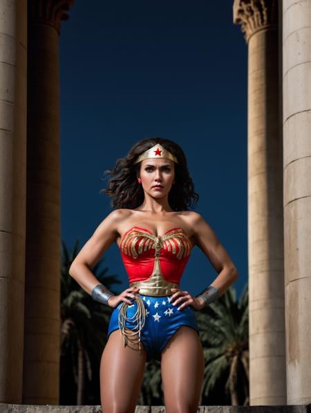 high fashion photo by Terry Richarson,Wonder Woman,Mid Shot Photo, dynamic pose,in ancient temple, pillars, palm trees<lora:add-detail-xl:1><lora:detailed_notrigger:0.5><lora:fix_hands:1><lora:Wonder Woman_SDXLBase:1> 