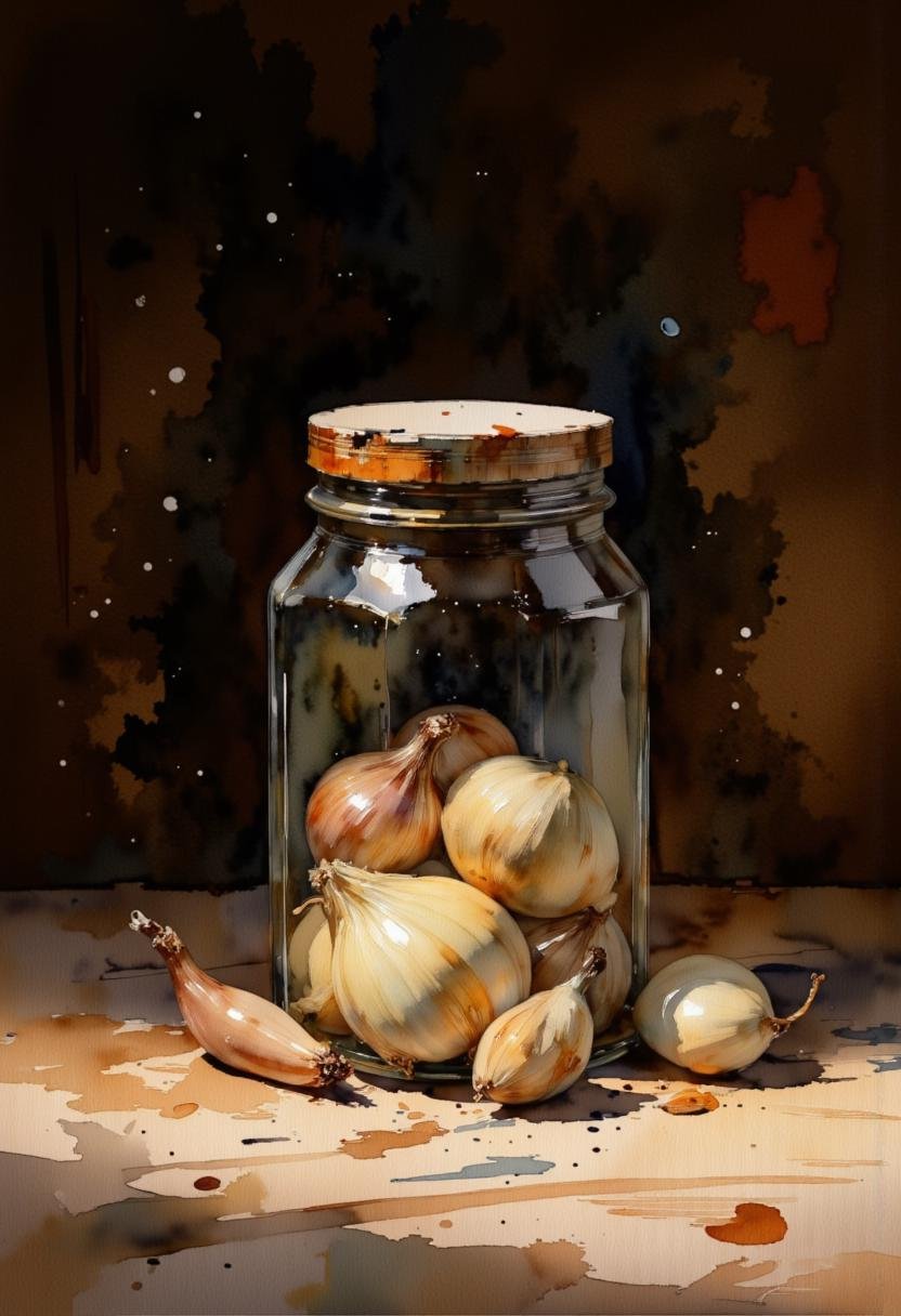 A watercolor painting of a glass jar with a metal lid,  filled with garlic and onions. The background is a dark brown colo...