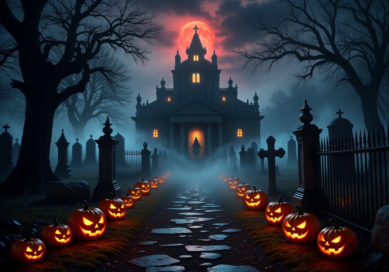 A misty graveyard under a blood moon: Jack-o’-lanterns flicker along the eerie path, leading to an ancient crypt. Shadows dance as ghostly figures emerge from the fog, their hollow eyes glowing. The wind howls, carrying whispers of long-forgotten spirits, adding an air of mystery to the haunted night.