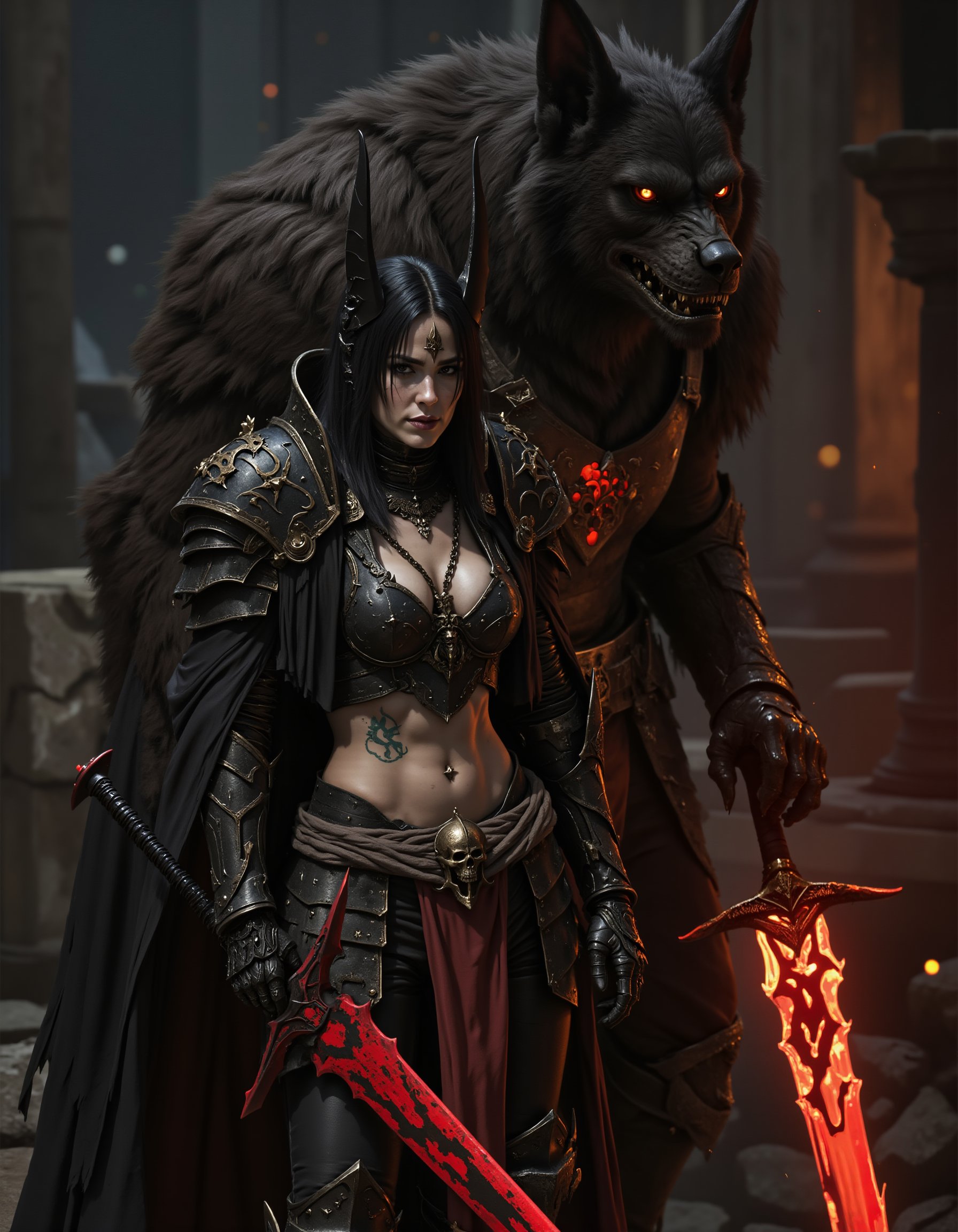 a girl standing in front of huge werewolf, full body armor, holding a glowing sword,a werewolf seems to be a representation of a knight,which is positioned vertically, wearing a costume,posing to viewer, catwalk in front of hot sprint,hot spring background, tattoo on the breasts, tattoo cleavage, (Lower abdomen tattoo),wearing a costume,spot light, dark theme, high key light, rim light, spark holy light reflection,devil armor<lora:hinaFluxFantasyArmorMix-dev_v1-rev1:0.6><lora:hinaFluxAsianMixLora_v3-rev1:0.9>