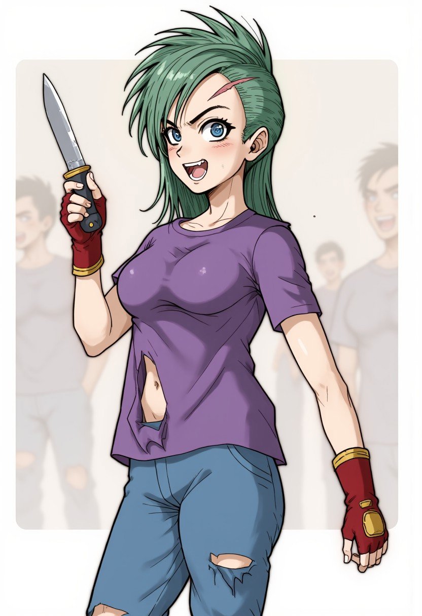 Xkimerax,1young woman, very slim ,  figth posture, knife punch, action scene, Purple shirt torn at the belly, attack stance, perspective with exaggerated movement towards the viewer,red gloves, torn blue pants, thin body