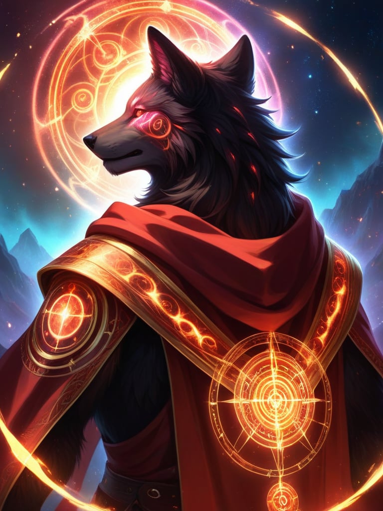 score_9,score_8_up,score_7_up,(closeup on face), view from behind,glowing tattoo, looking over shoulder, grimoire,(Solo), Red Wolf, glowing pink eyes, anthro wolf, long fur, body fur, grin with tooth showing,Detailed face, Detailed eyes, very aesthetic, intricate details,many magic circles, magic circles, magic array, back light, light particles, abstract, beautiful, Expressive,demonic portal, evil intent, apocalypse, Destroyed moon,ancient runes, interlinking rings,glowing red and gold robe, magical ribbons, magical scarf, golden accents, armor spikes,