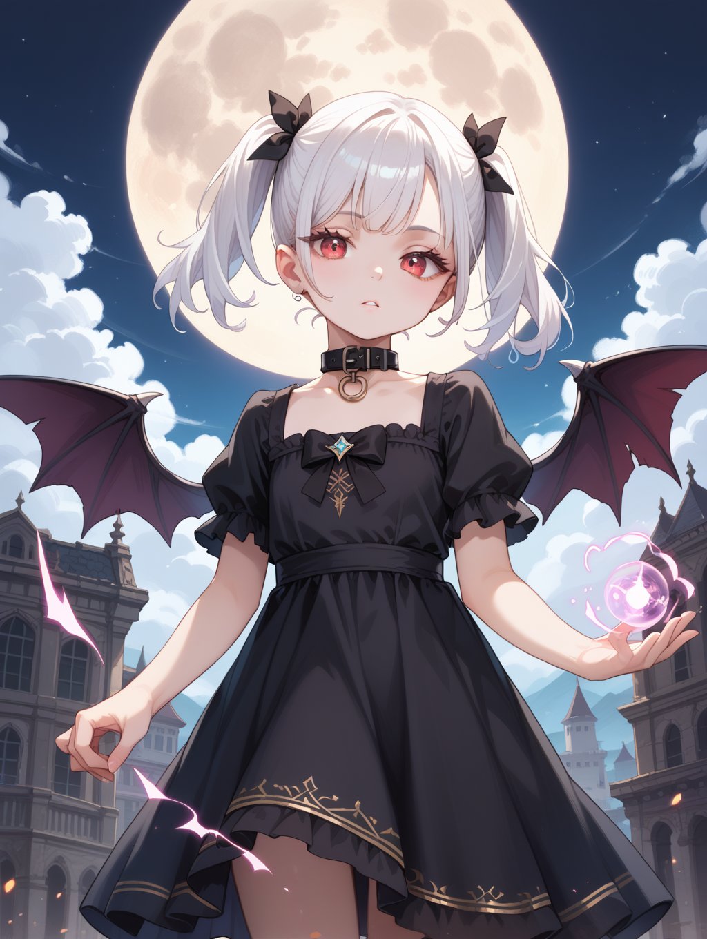 score_9, score_8_up, score_7_up,masterpiece, best quality,outdoors, full moon, cowboy shot, 1girl, demon,white hair,pale skin, twintails, black bows,black demon wings,black dress,long eyelashes,short hair,collar,magic,