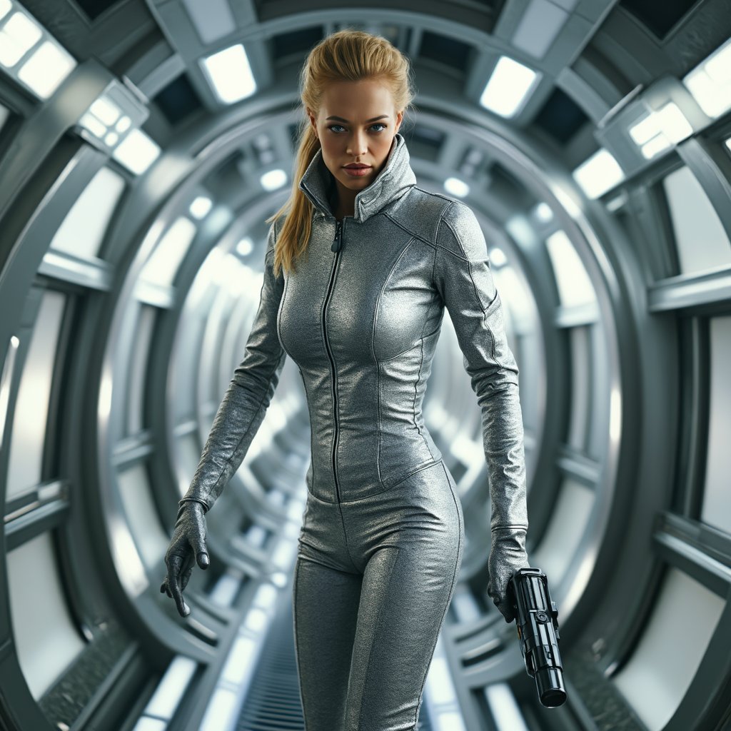 jrryn, cinematic, dramatic lighting, front facing view,  full body shot, a beautiful woman with a silver space spandex,  a very formal futuristic silver space jacket, blonde ponytail, holding a space blaster, in silvery futuristic space station, ultra detailed, ultra realistic, ultra detailed colors, 8k, real photography <lora:jeri-ryan:1.2>