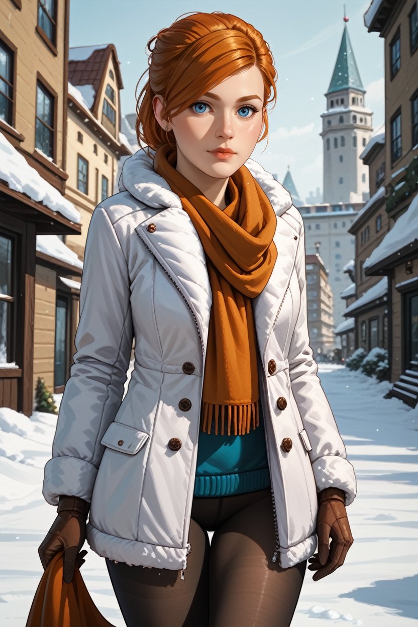 score_9, score_8_up, score_7_up,<lora:SpiderMaryJ:0.8>SpiderMaryJ, 1girl, orange hair, blue eyes, looking at viewer, winter clothes, scarf, gloves, black pantyhose, snow, outdoors, city, standing, cowboy shot