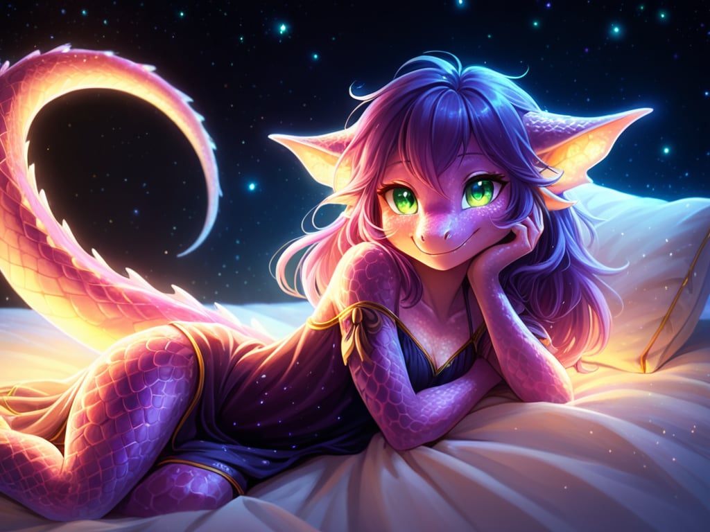 score_9,score_8_up,score_7_up,glowing tattoo(Solo), female purple (kobold:1.2), scaly, scalie, furry, anthro, green eyes, smile, happy, long hair, night gown, baggy sleeves, cute pose, shy, blush,ribbons, golden accents, hair ribbon,Detailed face, Detailed eyes, detailed face, view from above,very aesthetic, intricate details,light particles, glowing hair, dust motes, floating particles,abstract, beautiful, Expressive,lying in bed, nighttime, fluffy pillow, blanket,extreme contrast,