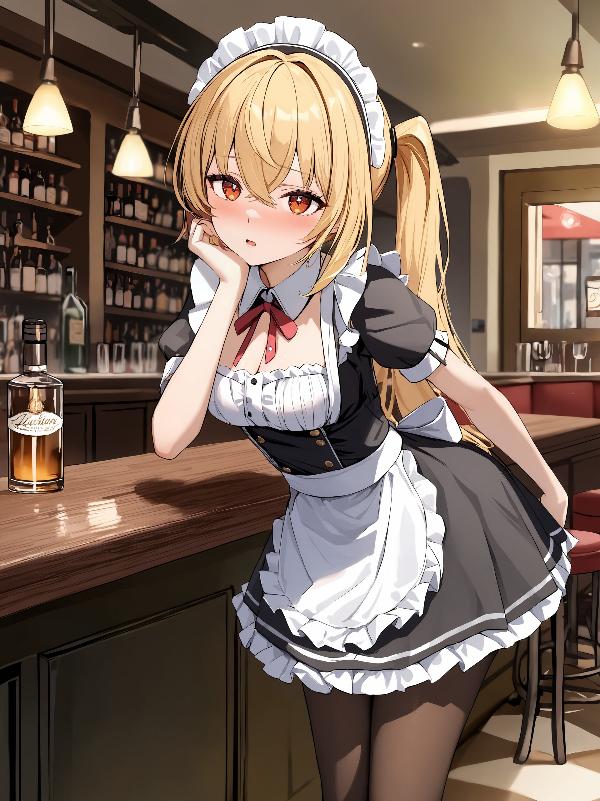 1girl, luciana de montefio, solo, side ponytail, maid, maid headdress, maid apron, embarrassed, pantyhose, open mouth, blush, parted lips, looking at viewer, cowboy shot, bar \(place\), indoors, depth of field <lora:Char-ZZZ-Lucy-XL-V1:0.9>, illustration, incredibly absurdres, ultra detailed, masterpiece, best quality, petite, [<lora:detailed_notrigger:0.95>::0.5]