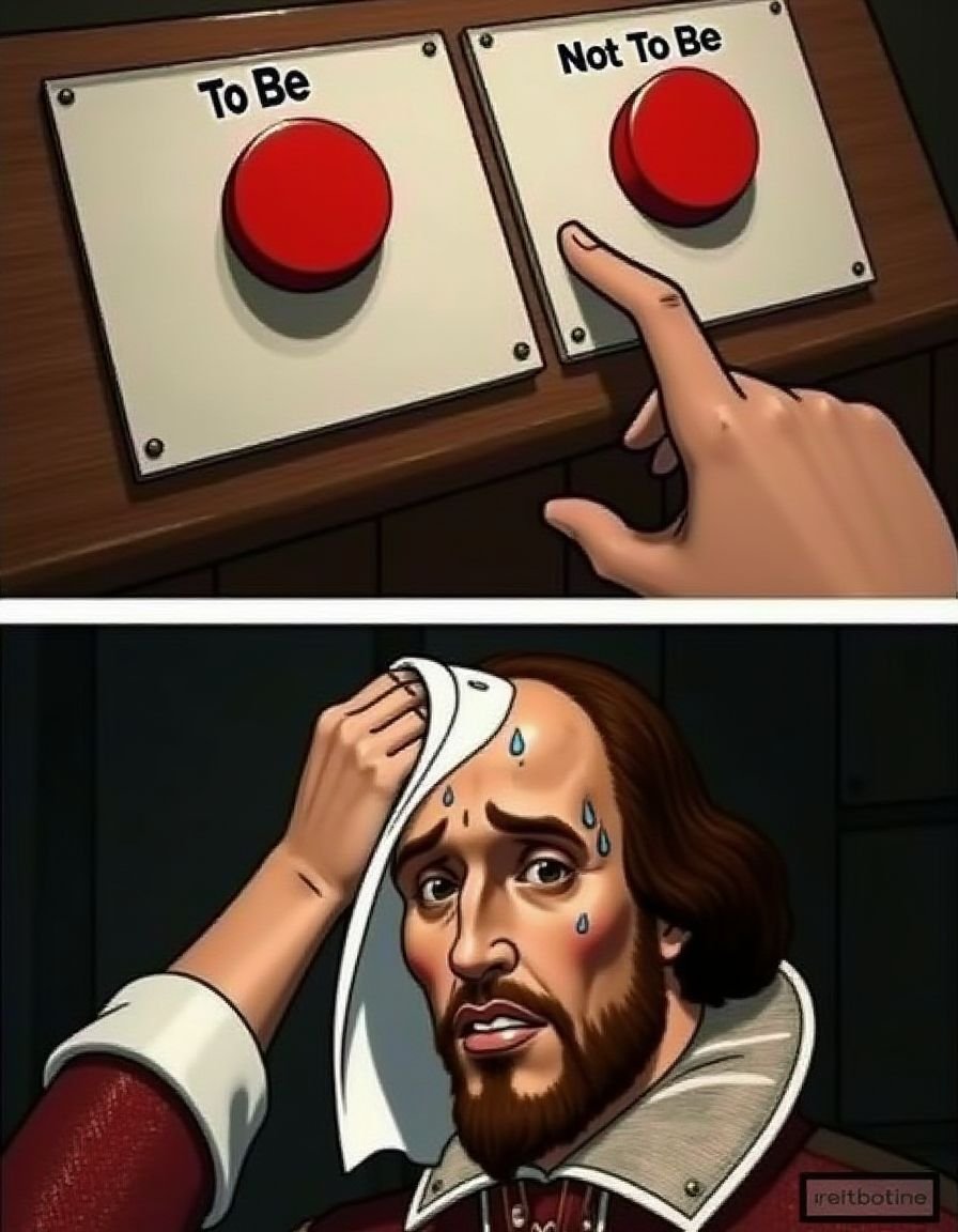 a photorealistic image of William Shakespeare with two buttons In twobuttonsmeme style.Top panel: Two buttons,  label abov...