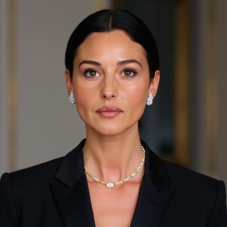 High quality passport photo of a woman wearing a suit and tie looking directly at the camera with her mouth closed and a neutral expression. She is also wearing a delicate gold chain and some understated diamond earrings. ,<lora:monbellucci_local_flux_1_standard-000038:1>