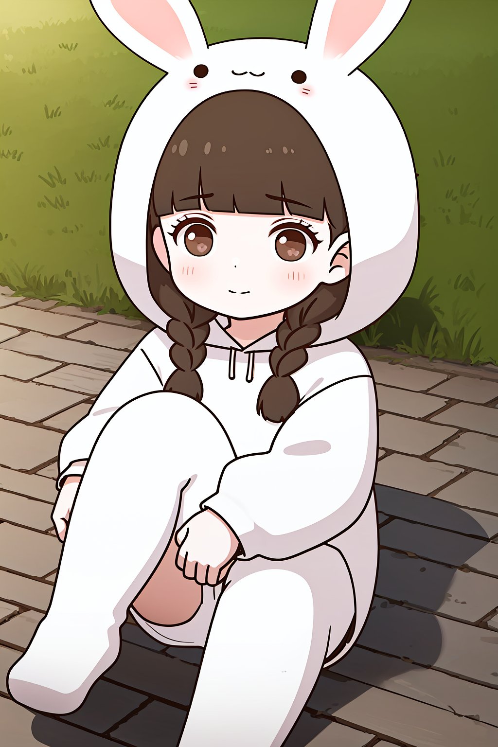 (best quality,masterpiece:1.2),ultra detailed,8k,extremely detailed,delicate pattern,looking at viewer,outdoors,<lora:C_QV_rabbit_girl_OCT_:0.7>,child,1girl,solo,Q,Q ver,braid,brown hair,twin braids,rabbit ears,bangs,blunt bangs,long hair,twintails,brown eyes,blush,rabbit hood,hood up,hood,long sleeves,white rabbit costume,sitting, 