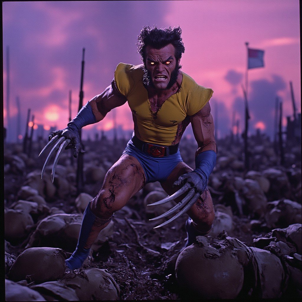 full body portrait of Wolverine, battle-damaged and standing victoriously amidst fallen Civil War soldiers that he recently defeated. His torn yellow and blue costume clings to his muscular frame, revealing deep claw marks and bloodstains. His adamantium claws are extended, glinting in the fading sunlight as smoke rises in the background. The scene is set in a war-torn battlefield with scattered rifles, broken flags, and the haze of gunpowder in the air. Wolverine's expression is fierce, with his wild hair disheveled, glowing eyes full of primal rage. The overall aesthetic is a gritty, nostalgic 80s vibe, with neon hues subtly highlighting the scene, giving it a retro yet haunting glow. The lighting is dramatic, with deep shadows and a soft mist blending into the purple-pink sunset sky, evoking an intense yet strangely cinematic mood