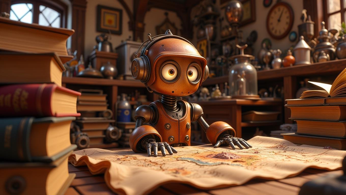 A small, round robot with big, glowing eyes is peeking out from behind a stack of old books in a cluttered workshop. Its metal hands are reaching for a dusty, ancient map spread out on a nearby table. The room is filled with quirky inventions, gears, and half-finished projects. The robot’s expression is a mix of wonder and curiosity as it uncovers a long-forgotten secret.  <lora:Cute_3d_Cartoon_Flux:0.6>