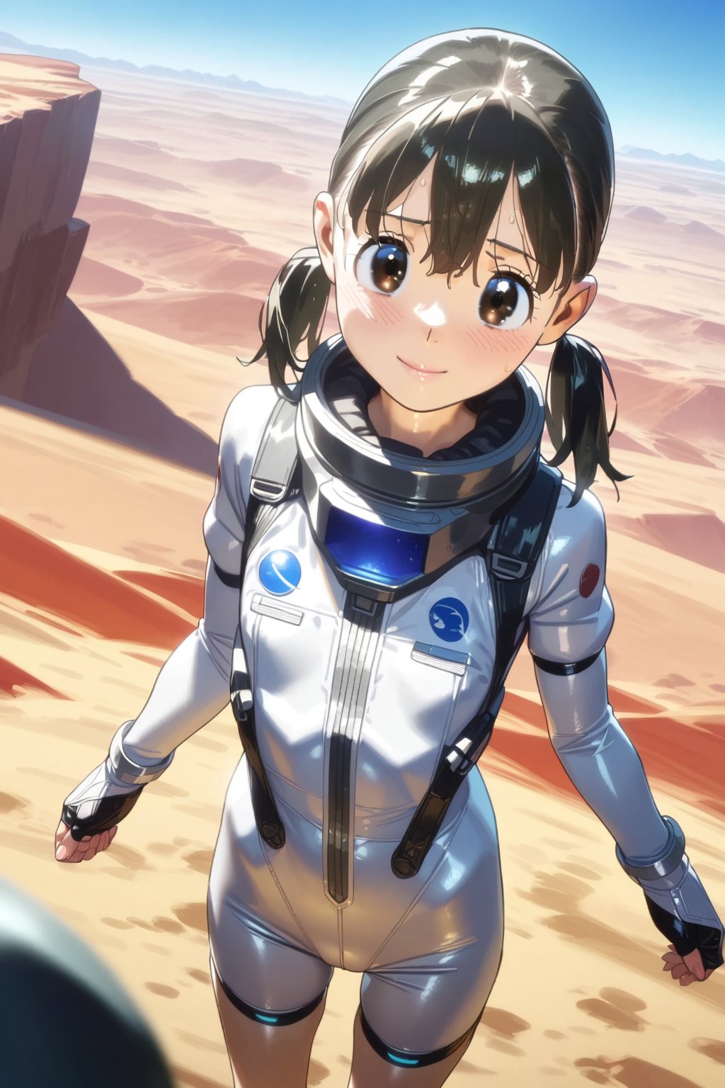 minamoto shizuka, black hair, twintails, cowboy shot, 1girl, solo, smile, Girl in a spacesuit stepping onto the surface of Mars, Earth visible in the distance, vast red landscape, futuristic colony in the background, sense of wonder and exploration, epic sci-fi scene, hyper-realistic detail,masterpiece, perfect face, best quality, beautiful girl, cute girl, beautiful eyes, shiny eyes, anime coloring, anime screencap, absurdres,<lora:minamoto shizuka anim 928:1>