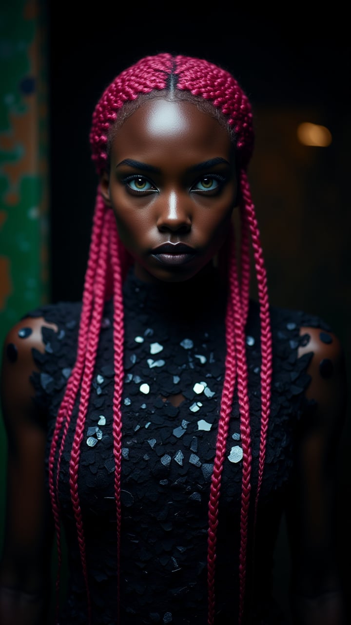 Eye-catching, In a dimly lit room, a Shanola Hampton with long Pink hair and piercing green eyes gazes intently at the camera. Her dress is made of Broken dark indigo Insects, aidmaMJ6.1