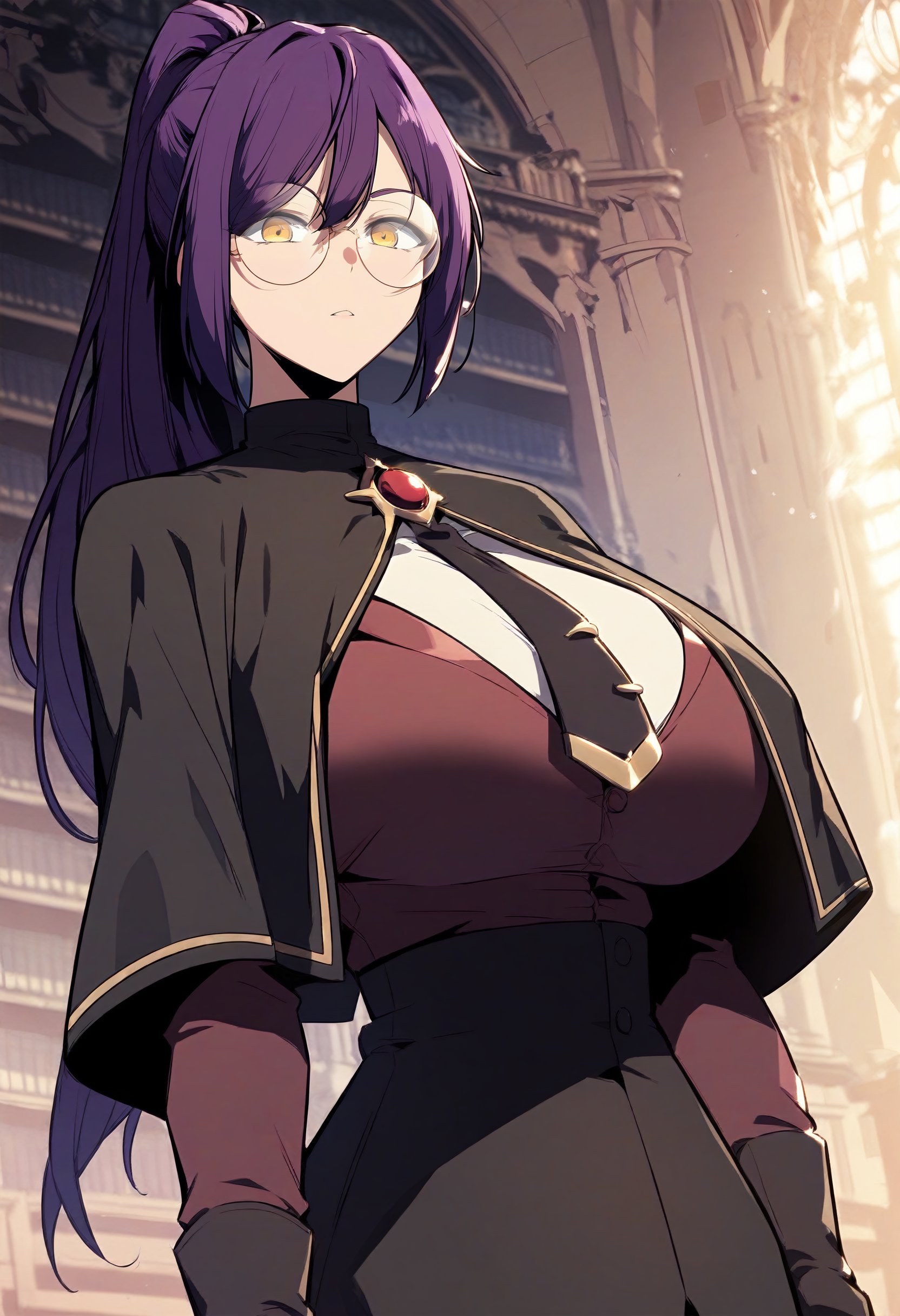 score_9, score_8_up, score_7_up, score_6_up, source_anime, rating_explicit, 1girl, solo, huge breasts, <lora:Silica Nigriti prefectPonyxl:0.95> long hair, purple hair, yellow eyes, high ponytail, round eyewear, black capelet, brooch, red gem, black necktie, tie clip, (red jacket:1.2), (white shirt:0.9), long sleeves, black gloves, black skirt, long skirt, mansion, library, indoors, looking at viewer, upper body