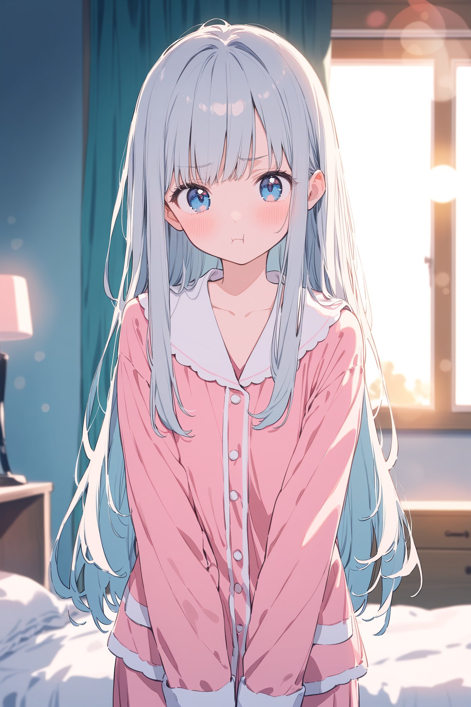 watercolor \(medium\),(pastelcolor:0.4),(sketch:0.4),1girl,silver hair,straight long hair,blue eyes,blush,shy,pout,pink pajamas,head tilt,v-arms,pastel hues,blurred edges,nostalgic mood,bed room,optical flare,bokeh,front view,blurry,(depth of field:1.2),straight-on,looking at viewer,morning lit