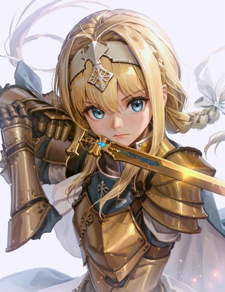 score_9, score_8_up, score_7_up, low guard sword parry stance, 1girl,solo,long hair,looking at viewer,bangs,blue eyes,blonde hair,white background,bow,hair between eyes,very long hair,closed mouth,upper body,braid,hair bow,hairband,cape,armor,floating hair,white bow,shoulder armor,gauntlets,pauldrons,braided ponytail,white hairband,breastplate,fantasy,blue cape,knight,glowing weapon,glowing sword,two-handed,gold armor,alice zuberg<lora:low_guard_parry_stance:1>