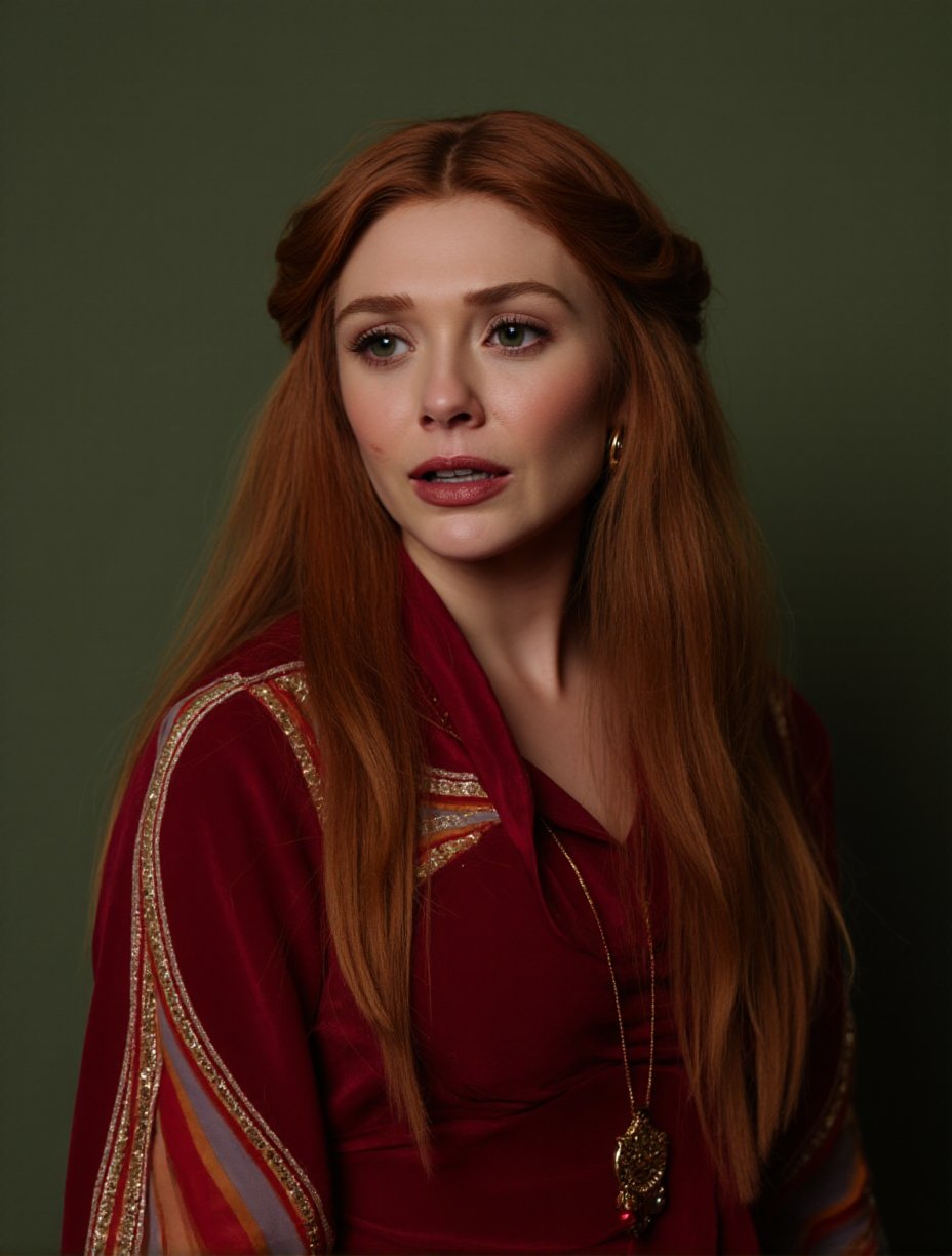 This is a photograph of a woman with striking red hair styled in elaborate braids. Her hair is intricately woven into a series of braids that cascade down her shoulders, with a few strands framing her face. She has a fair complexion and is wearing a deep red dress with gold accents, which adds a regal and historical touch to her attire. The dress has a high neckline and appears to be made of a luxurious fabric, possibly silk or velvet, with a subtle sheen that enhances its texture. She accessorizes with gold jewelry, including a pair of large, dangling earrings that feature intricate designs and small red beads. Her makeup is subtle yet elegant, with a soft pink lipstick and a light blush that complements her fair skin. The background is a muted, textured green that contrasts subtly with her vibrant attire, making her the focal point of the image. The overall style of the photograph is reminiscent of classical or historical portraiture, emphasizing both the woman's appearance and the rich, opulent details of her dress and accessories.,Elizabeth Olsen, <lora:Elizabeth Olsen_Flux_V1:0.96>