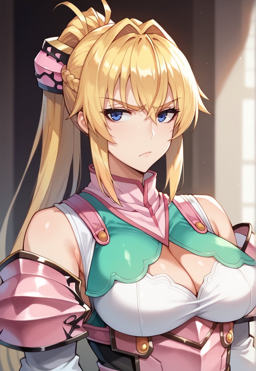 <lora:ButaAnrietta-10:1>ButaAnrietta, blonde hair, long hair, ponytail, hair ornament, blue eyes, large breasts, cleavage, bare shoulders, cleavage cutout, black pantyhose, gloves, knight, white thighhighs, armor,  detached sleeves, pelvic curtain, looking at viewer, frown, 16k, masterpiece, absurdes, highly detailed, highres, high quality, best quality, score_9, score_8_up, score_7_up, score_6_up, shiny, shiny skin, shiny hair, looking at viewer, portrait, upper body, close-up,