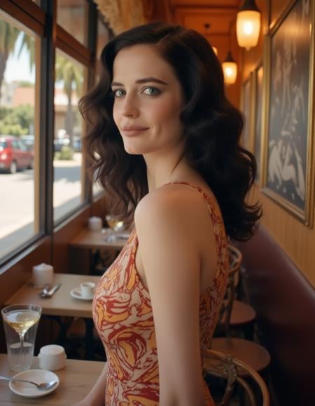 <lora:Eva_Green:1>  beautiful detailed photograph,  wavy black hair styled in classic Hollywood waves., wearing a dress, standing in cafe looking at the viewer