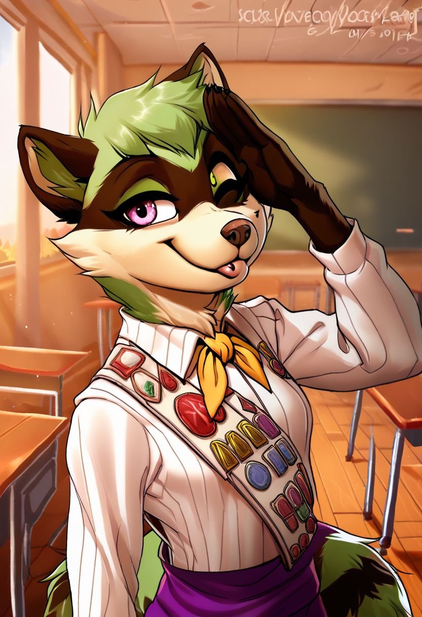 maypullovers, 1girl, solo, furry, anthro, raccoon, green fur, wink, salute, smile, tongue out, looking at viewer, sash, upper body, classroom, indoors, badges, yellow ascot, iskrastyle