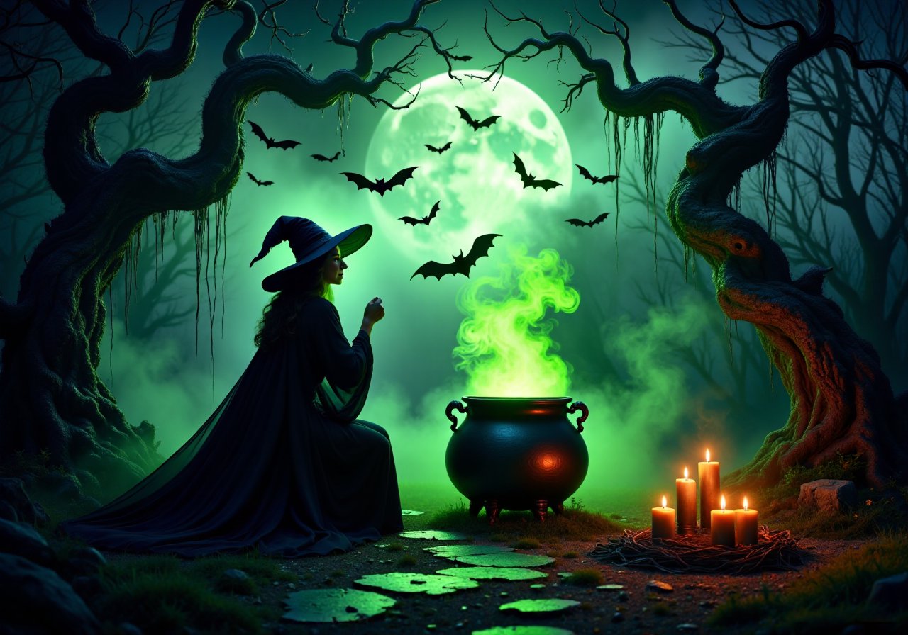 A witch’s enchanted forest: Gnarled trees twist toward the sky, their branches draped with glowing cobwebs. In the clearing, a cauldron bubbles with bright green potion. Bats swirl above as the witch, dressed in flowing black robes, chants an ancient spell, her silhouette framed by a crescent moon. close up to face