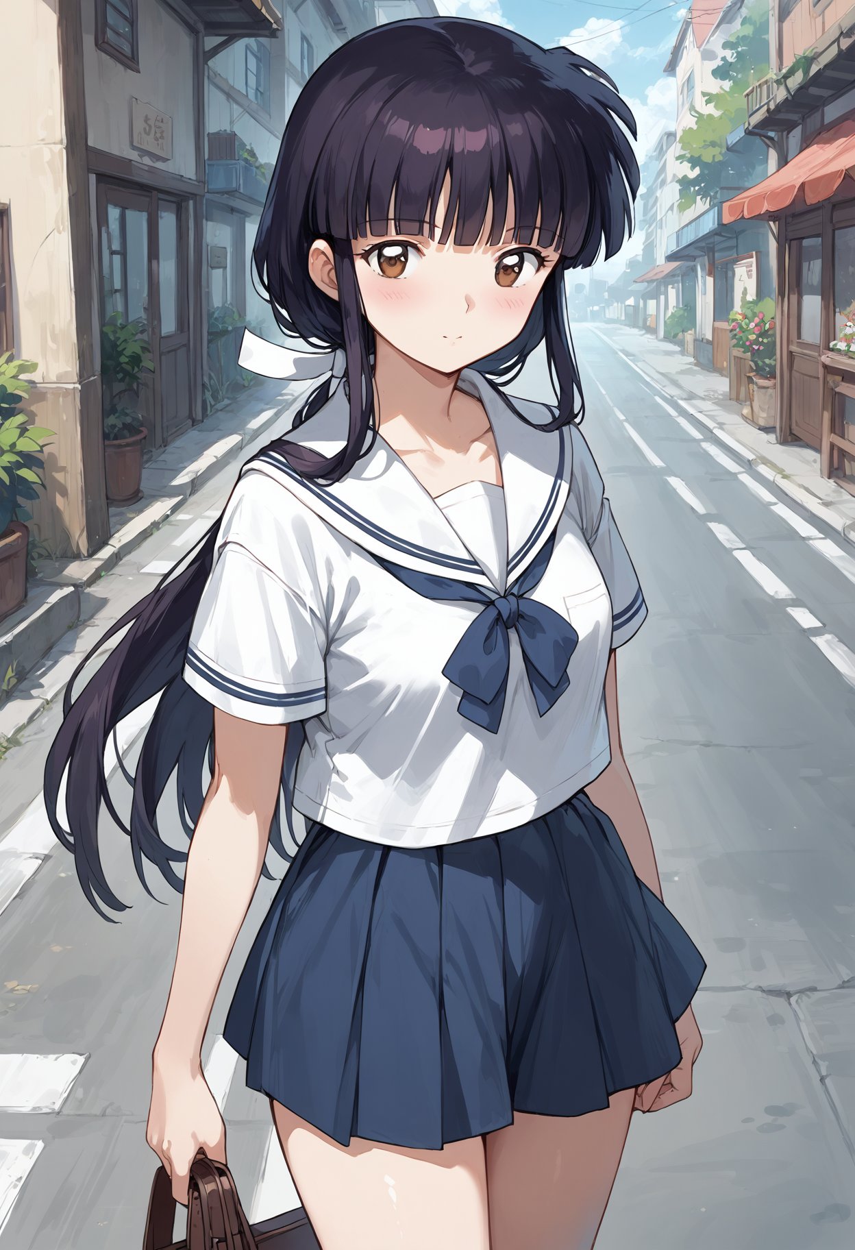 score_9, score_8_up, score_7_up, , source_anime, , 1girl,  , , solo,  kikyoinu,  , black hair,  brown eyes,, hair ribbon, long hair, blunt bangs, sidelocks, low ponytail, <lora:kikyo_inuyasha_pony:0.8>, serafuku,  miniskirt, cowboy shot, thighs,   looking at viewer,  road,  short sleeves, 