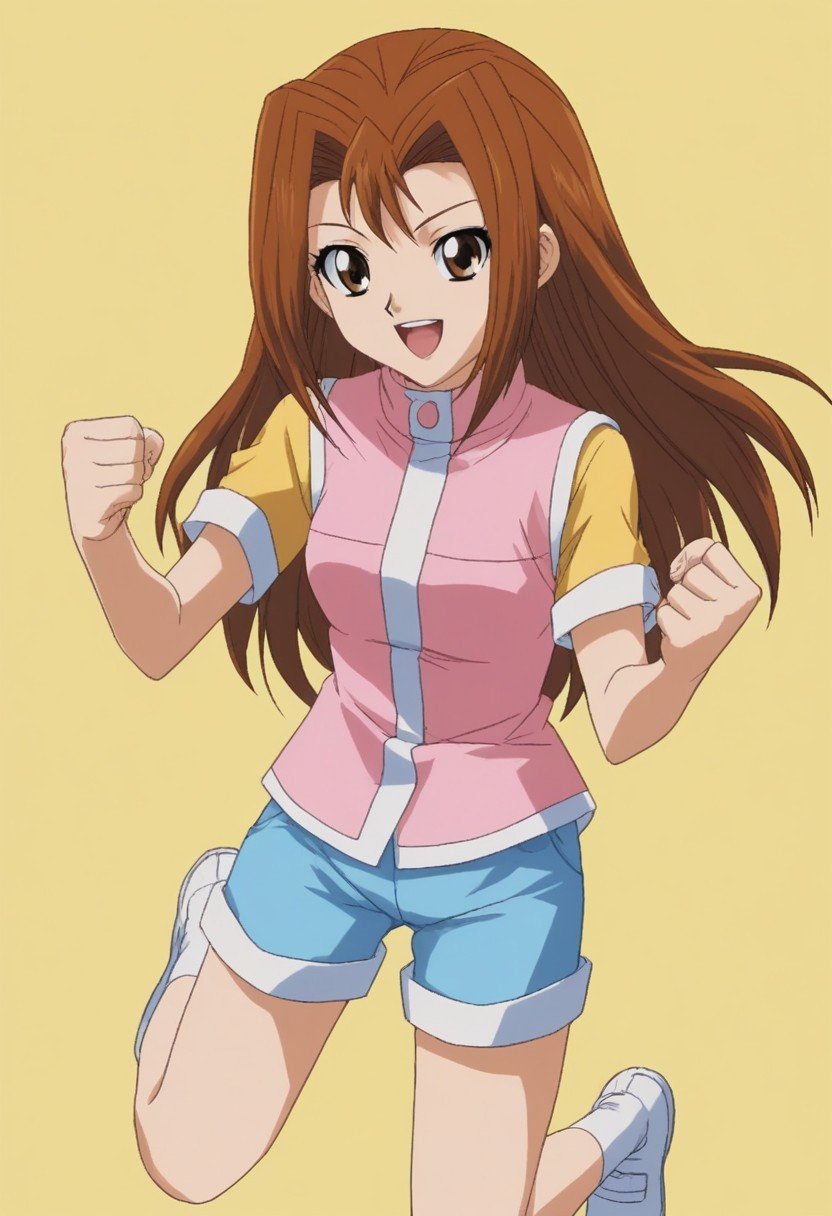 Score_9_up, Score_8_up, Score_7_up, easynegative, ng_deepnegative_v1_75t,open_mouth, simple background, yellow background, smile, clenched_hand, looking_at_viewer, uppy bodySerenity Wheeler, 1girl, solo, brown hair, long hair, brown eyes, yellow shirt, pink vest, blue shorts, white socks, white shoes, 