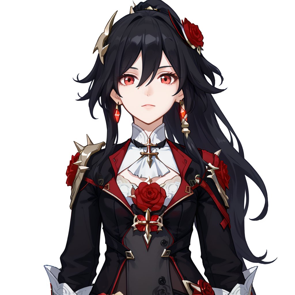 (white background:1.2),looking at viewer,(SOLO:1.4),outline,simple background,upper body, cowboy shot,looking at viewer,(((arms at side))),  fu hua, fu hua bm, long hair, bangs, black hair, hair ornament, red eyes, hair between eyes, flower, hair flower, ponytail, red rose, jewelry, earrings, rosered flower, red flower, rose<lora:xueyue-pony:0.8>