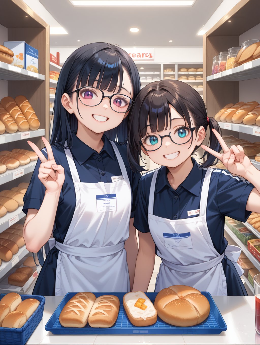 1girl,, score_9, score_8_up, score_7_up,masterpiece, best quality,2girls, glasses, vfu, employee uniform, black hair, black dress, short sleeves, collared dress, white apron, upper body, blue triangular bandage, hand up, v, double v, happy, smile, looking at viewer, shelf, food, bread, basket, shop, indoors,