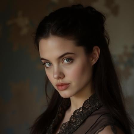 90saj, cinematic photograph, wearing a vintage Edwardian dress with a high neckline, long dark hair in a historical Victorian updo, blue eyes,