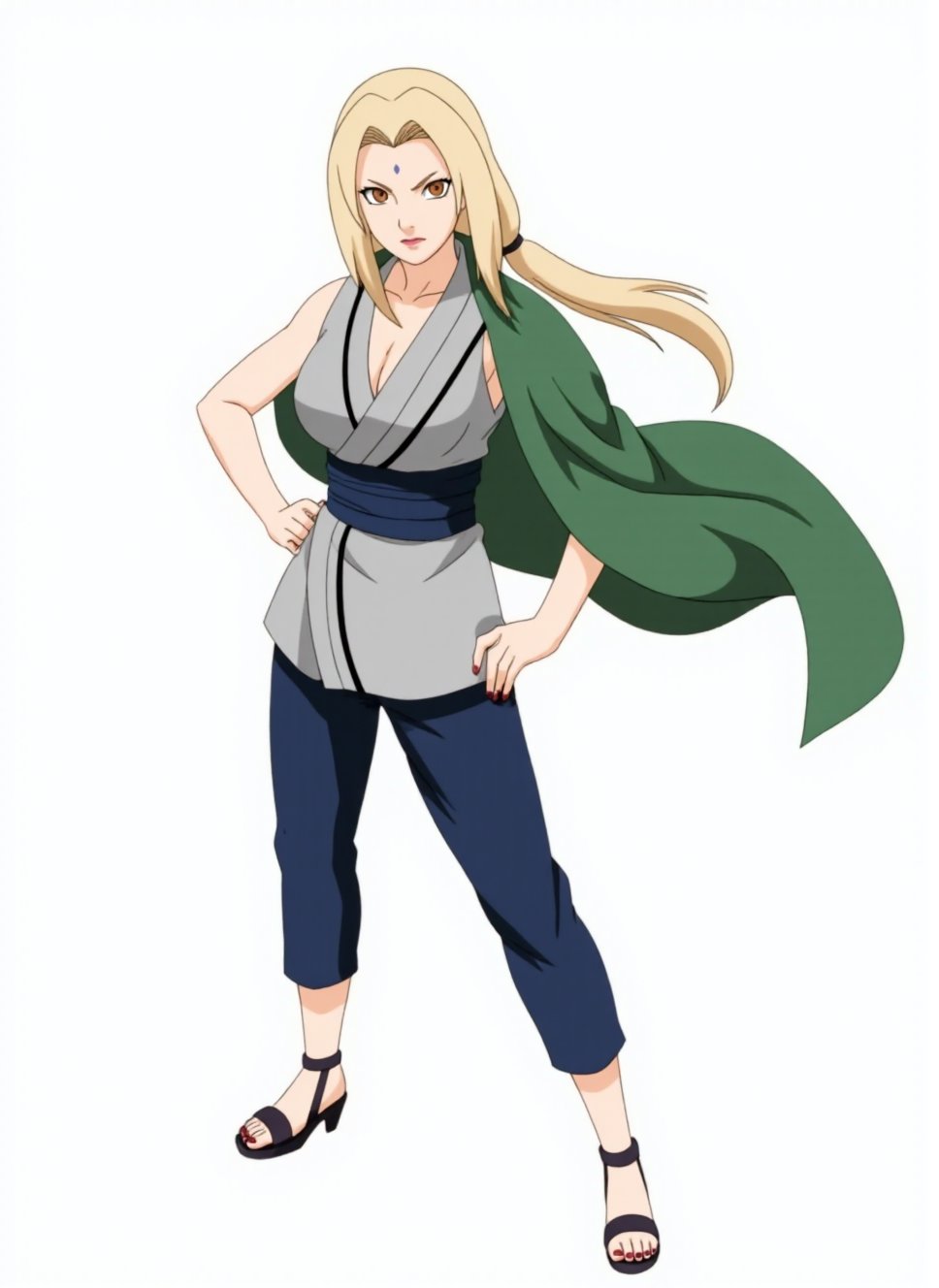 This image is a digital drawing of a female character from the anime series "Naruto," specifically depicting tsunade. The character is depicted in a dynamic pose, standing confidently with her left hand on her hip and her right arm raised, as if ready to strike. She has long, straight, blonde hair that cascades down her back and shoulders. Her eyes are a striking yellow, and she has a serene, determined expression on her face.tsunade is dressed in a traditional ninja outfit consisting of a sleeveless, gray, form-fitting top with a high neckline and a dark blue, wide sash tied around her waist. She also wears dark blue, loose-fitting pants that end just above her ankles. On her feet, she has black, open-toed sandals. She carries a large, green cloak draped over her right shoulder, which flows behind her, adding a sense of movement and power to her stance.making tsunade the focal point of the image, and highlighting the intricate details of her outfit and the sharpness of her features. The style of the drawing is typical of anime art, characterized by clean lines, vibrant colors, and exaggerated facial expressions.,tsunade,<lora:Tsunade_Flux_V1_r1:0.9>