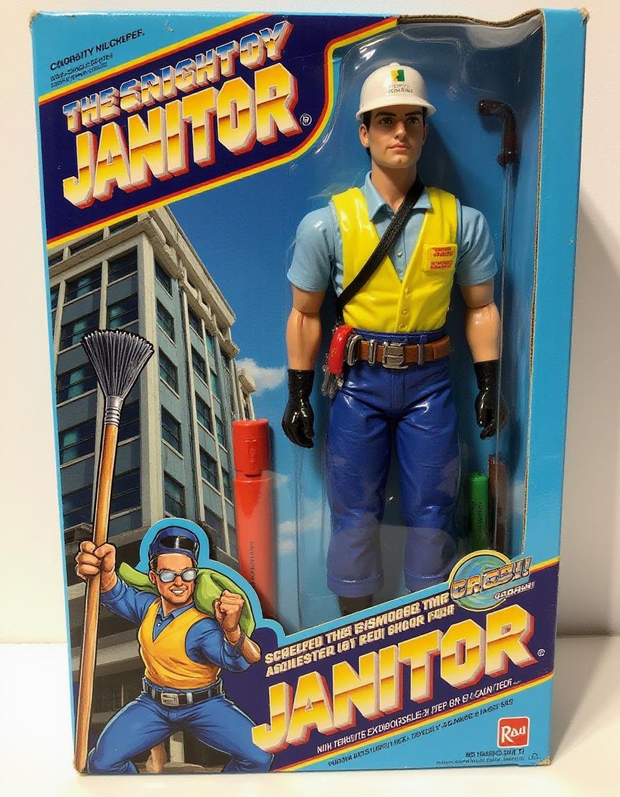 "Mighty Janitor" – The unsung hero of cleanliness, wielding a broom that can sweep entire buildings in one swipe and a mop that eliminates any mess, even the toughest grime. His utility belt carries high-tech cleaning sprays and dust-busting gadgets. Packaged in his original box, with the ral-afpacking logo on the side, the figure is ready to tackle any dirty job. The backdrop features a spotless, gleaming office building with not a speck of dust in sight.<lora:ral-afpacking-flux:1>