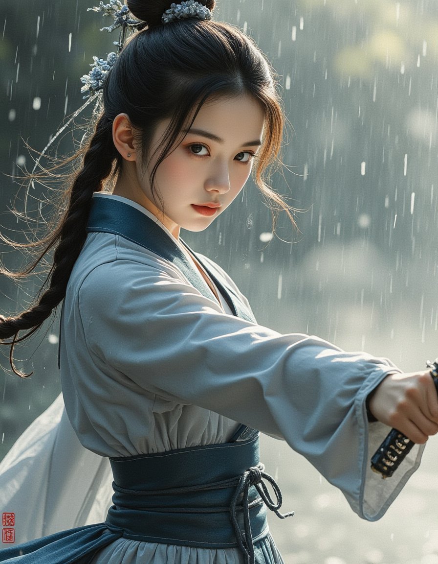 hanfu girl,Cinematic Lighting,kongfu,with a chinese dagger,rain,soaked to the surface,portrait,dynamic posture of sword swing,chinese characters,Ink wash painting,