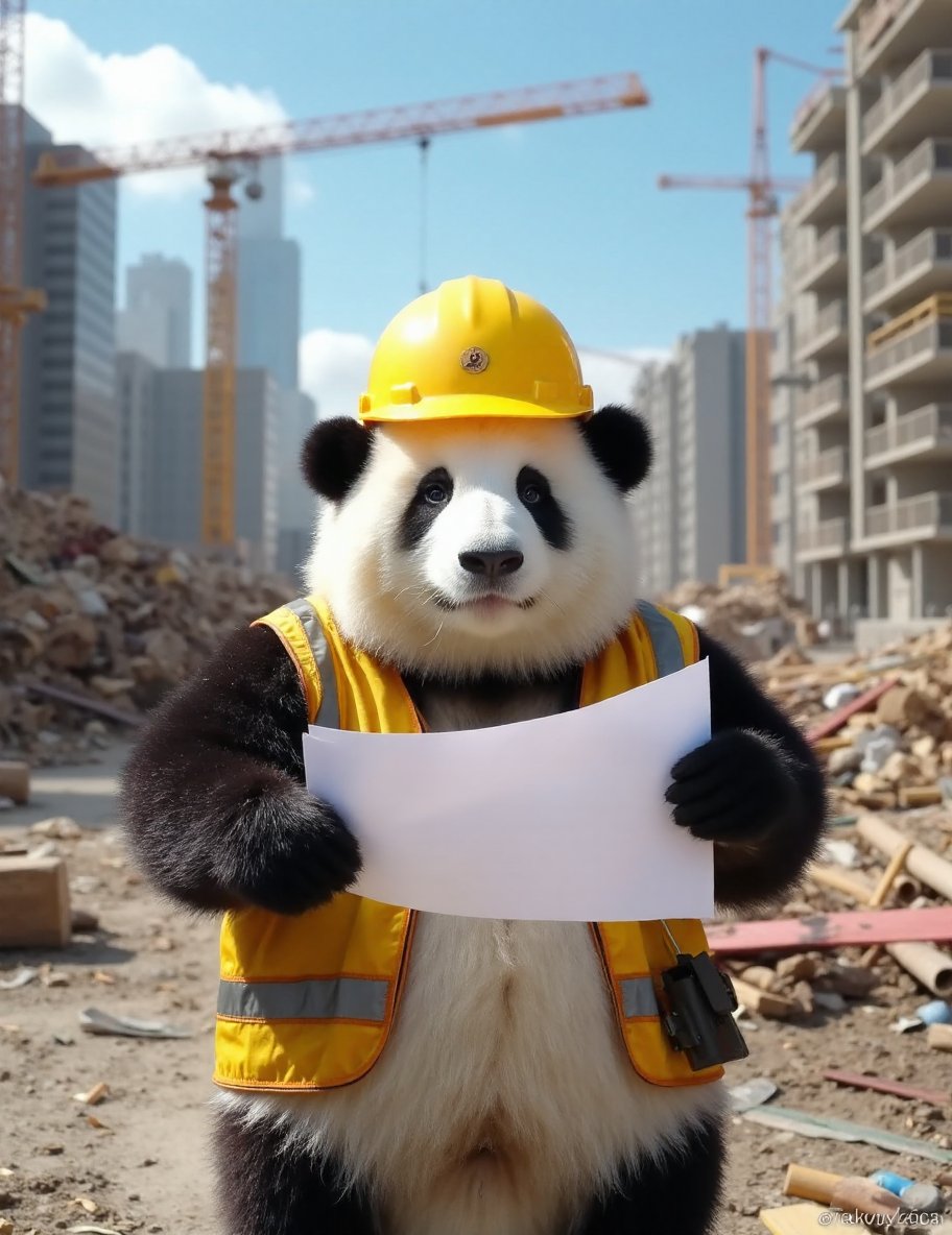 The image is a high-resolution photograph of a keep-fit panda named Huahua, depicted standing on a bustling construction site. Huahua has her distinctive black and white fur, and she is dressed in a bright yellow construction helmet and a reflective safety vest, adding to her professional appearance. The helmet has a small logo on the front, and the vest is detailed with reflective stripes, creating a realistic construction look.Huahua’s body is more slender and athletic, giving her a sleek and fit appearance. Her expression is one of serious focus and determination, with her brows slightly furrowed and her eyes looking intently at the blueprints she holds in her paws. Her posture is strong and confident, with her legs slightly apart and her head slightly tilted as she examines the plans.The background features a busy construction site with cranes, scaffolding, and partially built structures, adding to the dynamic and industrious atmosphere. Various construction materials and tools are scattered around, creating a sense of activity and progress. The lighting is bright and natural, indicating a sunny day, which casts clear shadows and highlights the details of Huahua’s fur, helmet, and vest.The overall composition of the image focuses on Huahua, making her the primary subject and capturing the unique and whimsical nature of a panda as a dedicated and serious construction site architect, blending her cute appearance with the industrious spirit of building and designing.,huahua, <lora:huahua_panda_Flux_V1-000002:1>