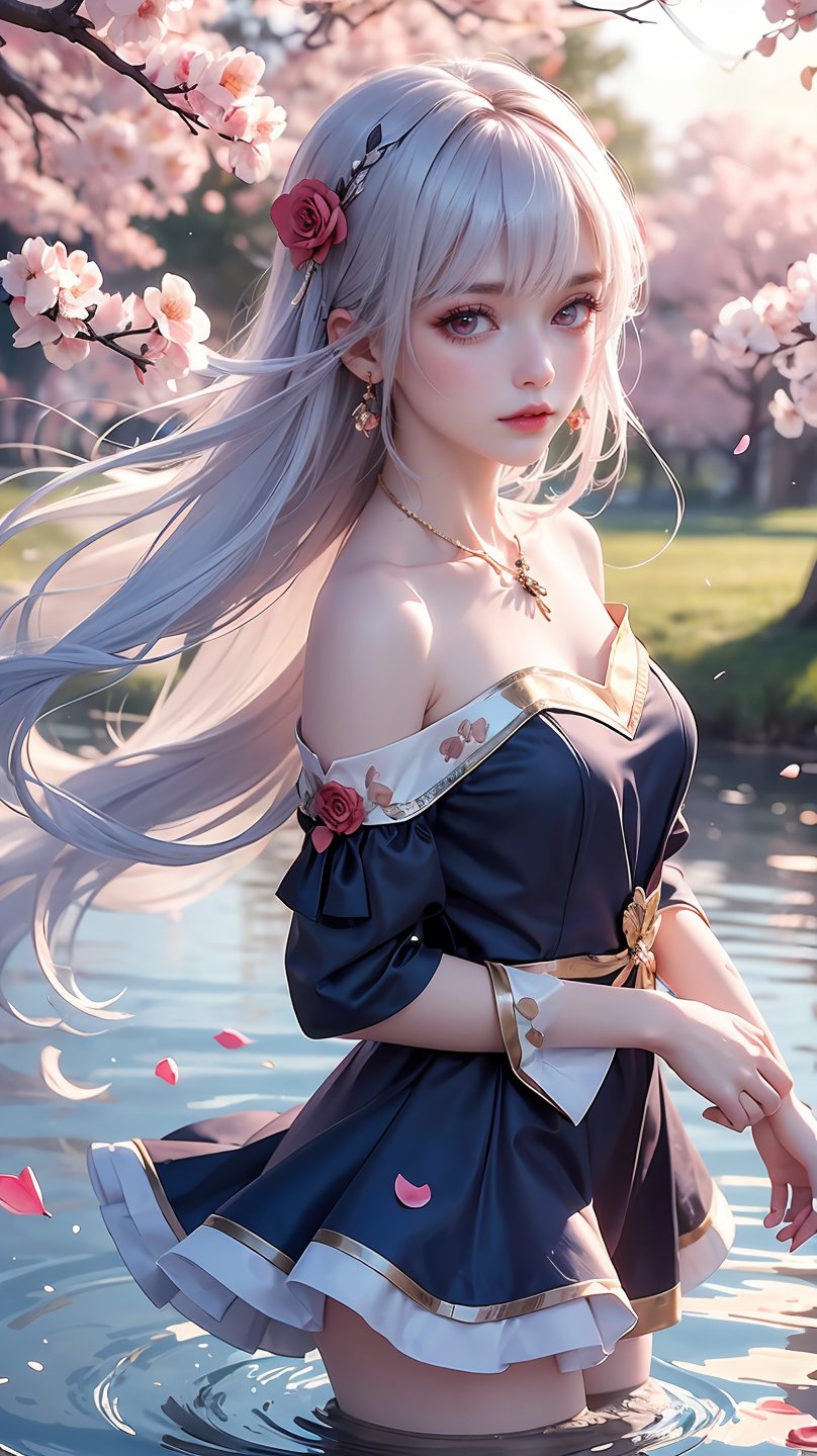 1girl,solo,white dress,white hair,long hair,hair ornament,jewelry,red eyes,looking at viewer,hair_ornament,metal hair accessories,blue_dress,flower field,sunset,blue_sky,,pink rose,cowboy_shot, branch,falling petals,lake,leaves in wind,outdoors,petals,petals on liquid,ripples,tree,wading,water,wind,peach blossom,peach blossom petals,