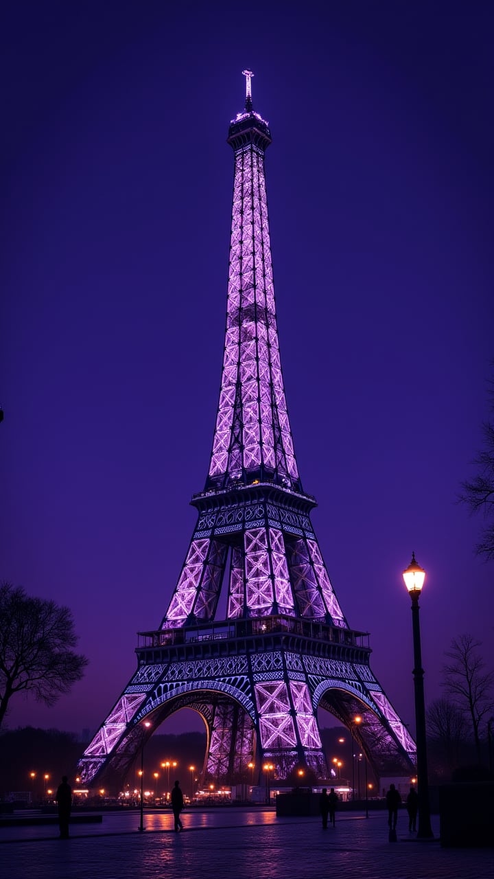 Luminescent Text:"MJ x FLUX", The iconic Eiffel Tower of Saint-Égles stands tall against the backdrop of a clear deep purple sky. Its detailed carvings and ornate architecture are Shadowy by the soft glow of streetlamps, aidmaMJ6.1