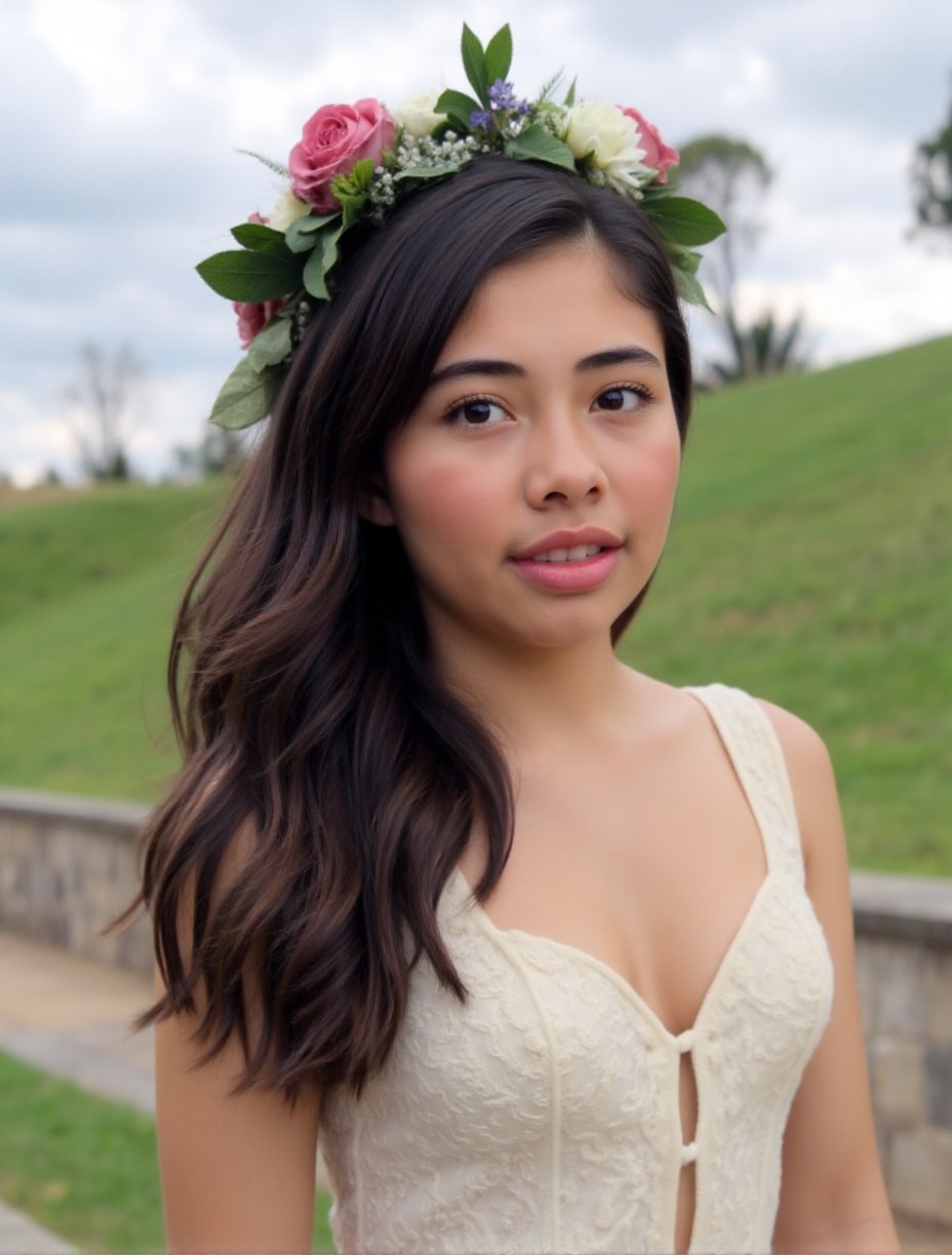 This is a high-resolution photograph featuring a young woman with a serene expression. She has long, wavy, dark brown hair that cascades over her right shoulder. Her hair is adorned with a lush, floral crown made up of pink and white roses, small purple flowers, and green leaves, adding a natural and romantic touch to her appearance. The woman is dressed in a delicate, cream-colored lace dress with a plunging neckline, revealing a hint of her collarbone. The lace texture of her dress is intricate and delicate, adding a soft, feminine touch.The background is blurred but appears to be an outdoor setting with a grassy slope in the distance, suggesting a garden or park. The sky is overcast, casting a soft, diffused light that enhances the natural tones of the photograph. The woman's makeup is minimal but well done, with a focus on her soft pink lips, slightly parted, and her natural-looking, light brown eyes. The overall mood of the photograph is peaceful and elegant, with a focus on natural beauty and simplicity. The image is well-composed, with the floral crown and the woman's expression being the central focal points.,Xochitl Gomez,<lora:Xochitl_Gomez:1>