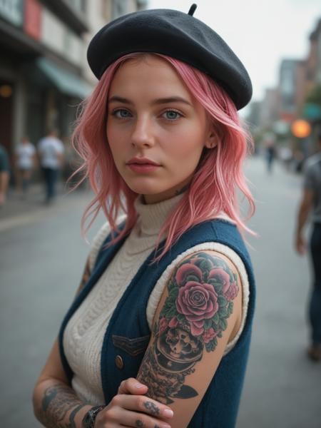 score_9,score_8_up,score_7_up ,1girl,hipster,wool beret,sweater,neon pink hair,vest,tattoos,highly detailed,detailed skin,depth of field,film grain,