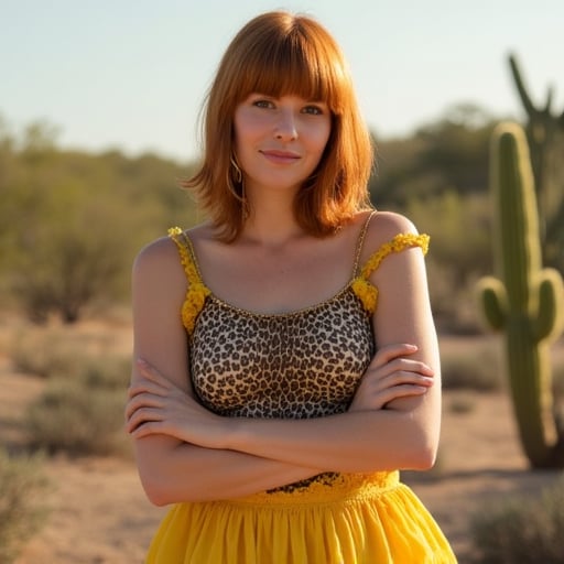 a woman in a leopard print top and a frilly yellow skirt, arms crossed, standing in a desert, Ginger hair with blunt bangs, hoop earrings, cactus