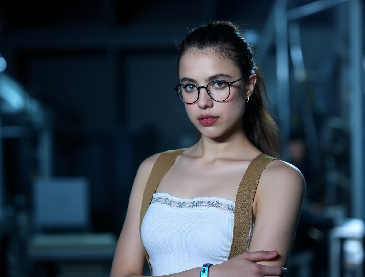 This is a photograph featuring a Caucasus blonde young woman in a futuristic setting. She has a fair skin tone and is of Caucasian descent. Her dark brown hair is tied back in a sleek ponytail, and she wears thin, round glasses that give her an intellectual and serious appearance. Her expression is neutral, with slightly parted lips and a direct gaze.She is dressed in a form-fitting, white tank top that showcases her slender physique. The tank top has a subtle, intricate design around the neckline, adding a touch of sophistication. Over her left shoulder, she wears a tan harness that appears to be part of her outfit, suggesting a utilitarian or military style.Her right wrist is adorned with a blue, glowing bracelet, which might be a technological accessory or a tracking device. The background is a dimly lit industrial space with metallic structures and machinery, indicating a high-tech environment. The lighting is cool and subdued, casting soft shadows that enhance the futuristic ambiance. ,Margaret Qualley,<lora:Margaret_Qualley_Flux_V1:1>