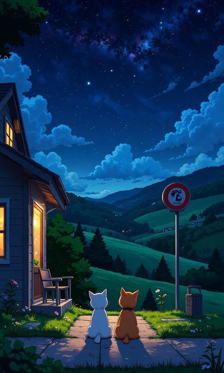 A cute kitten and puppy sitting on a bench in front of their house looking at the stars at night. Next to them is an empty...