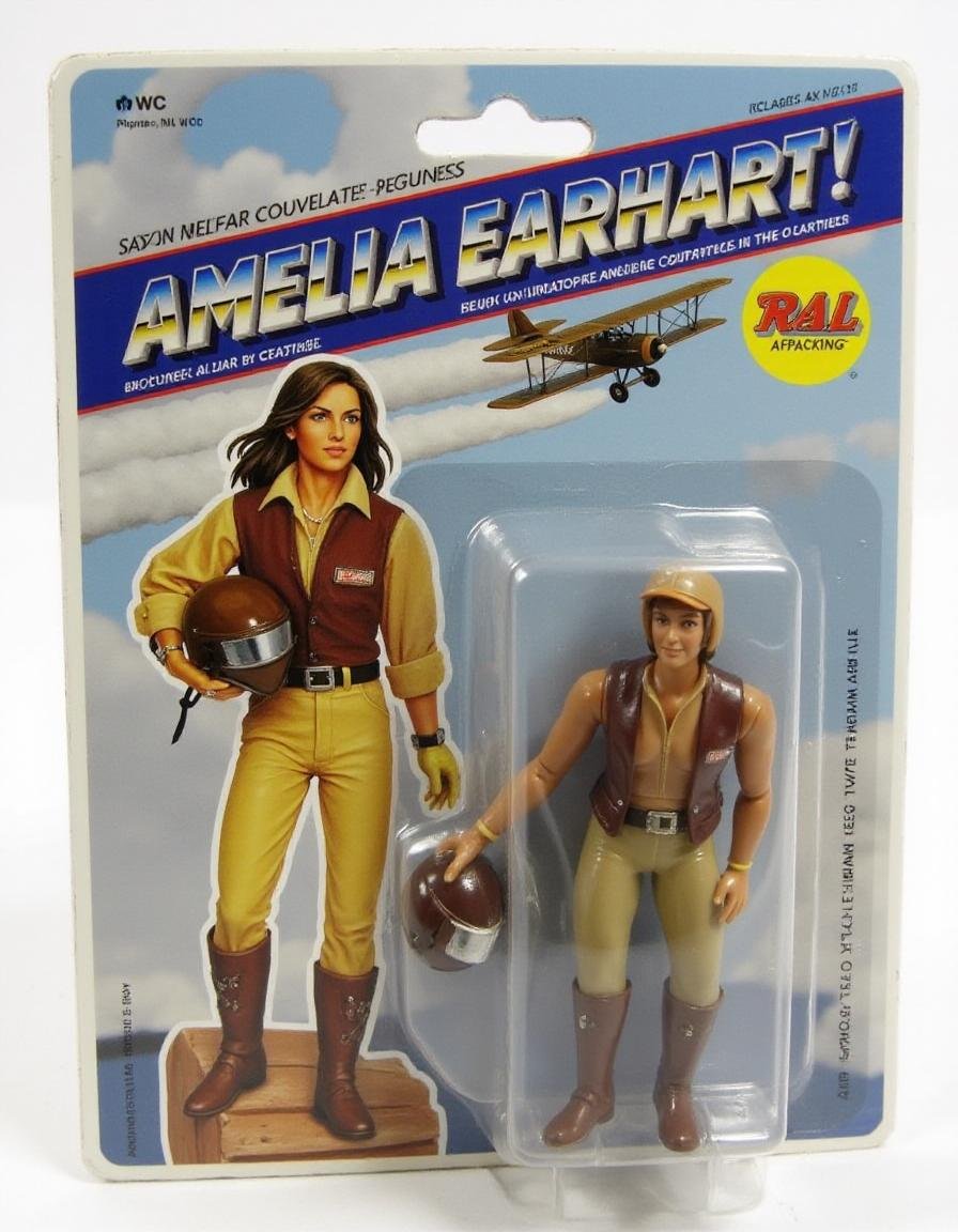 "Amelia Earhart"Amelia is shown in her leather aviator jacket, holding a flight helmet in one hand, ready to soar through the skies. Her figure symbolizes courage and adventure. Packaged with a ral-afpacking logo on the top-right, the backdrop features an open sky with an old-fashioned biplane soaring above the clouds.<lora:ral-afpacking-flux:1>